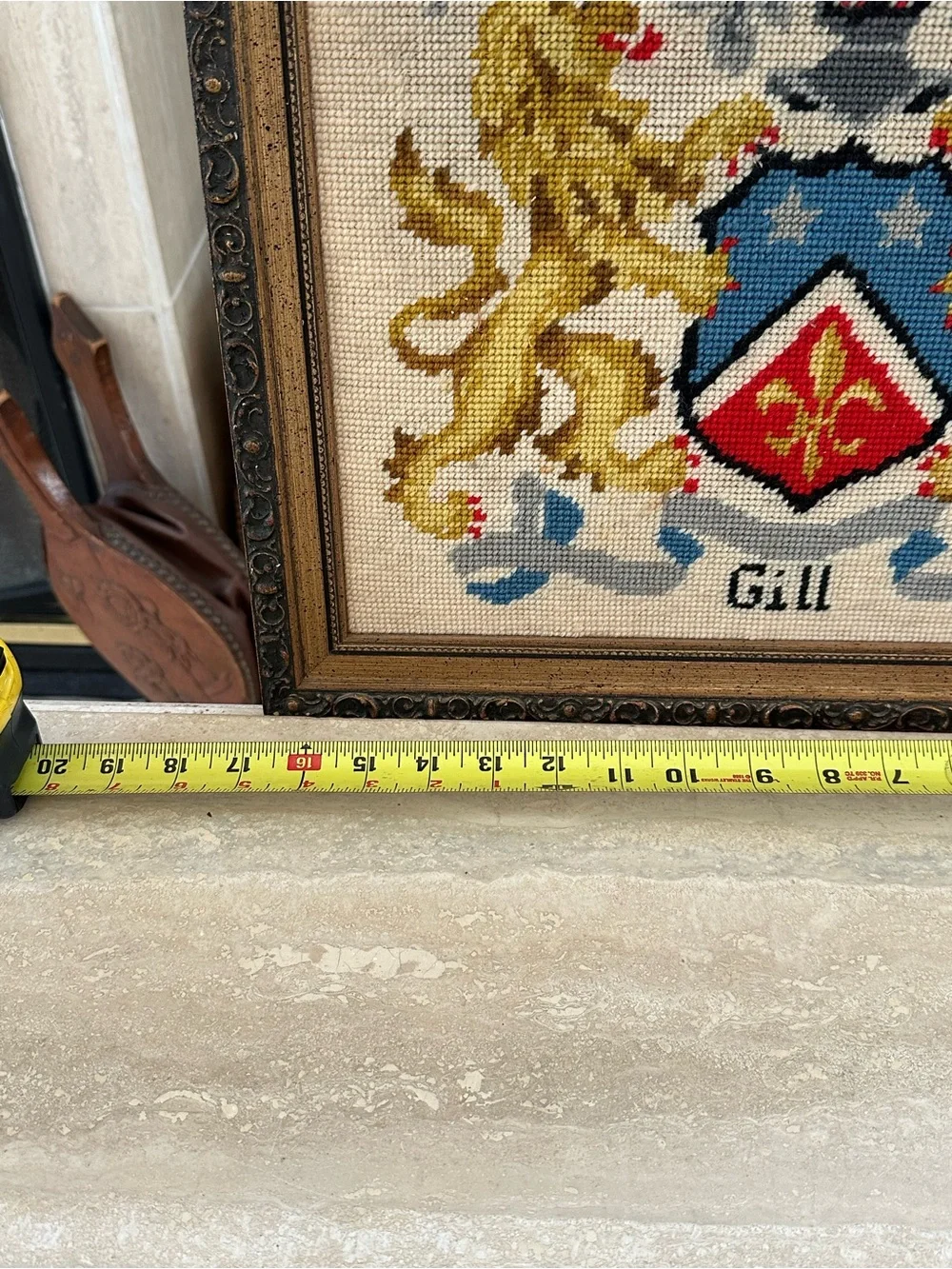 Handcrafted Heraldic Lion Needlepoint Wall Art in Gold / Blue GILL FAMILY CREST